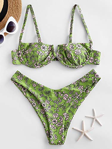 ZAFUL Bikini Set de Dos Piezas Floral Corte Alto Bikini con Arco & V Bañador para Mujer (Verde, L)