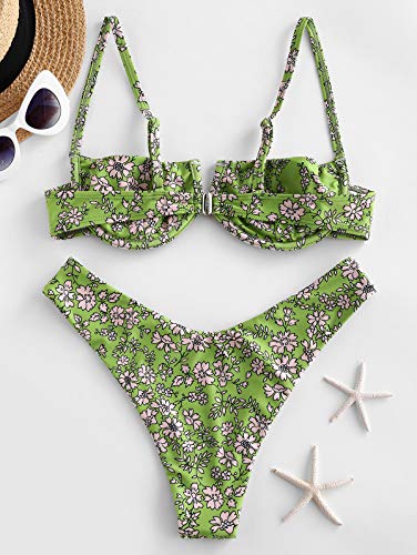 ZAFUL Bikini Set de Dos Piezas Floral Corte Alto Bikini con Arco & V Bañador para Mujer (Verde, L)