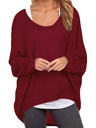 ZANZEA Mujer Camiseta Manga Larga Jersey Manga Murciélago Sexy Suéter Suelta Irregular Sudadera Casual Rojo Vino 4XL