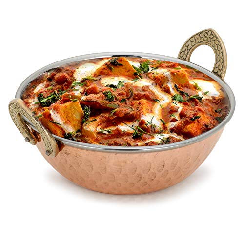 Zap Impex Juego de 4 platos indios de Karahi y platos indios de acero inoxidable de cobre y raciones de curry (13 cm)