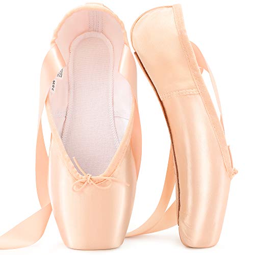 Zapatillas de Ballet de Punta Zapatillas de Danza Profesionales Rosadas con Cinta Cosida y Almohadillas de Silicona para niñas y Mujeres (38, Rosado)