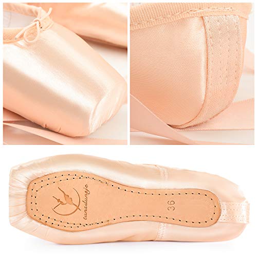 Zapatillas de Ballet de Punta Zapatillas de Danza Profesionales Rosadas con Cinta Cosida y Almohadillas de Silicona para niñas y Mujeres (38, Rosado)