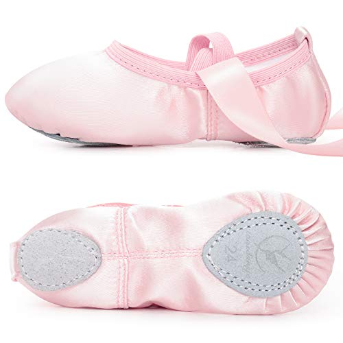 Zapatillas de Ballet Satén Zapatillas de Danza Suela de Cuero con Cinta para Niñas Tallas 22-40