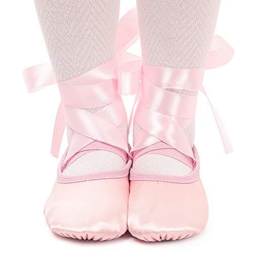 Zapatillas de Ballet Satén Zapatillas de Danza Suela de Cuero con Cinta para Niñas Tallas 22-40