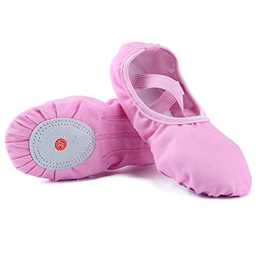 Zapatillas de Ballet Zapatos de Danza Canvas Suela Partida de Cuero para Niña y Mujer Calzado de Danza y Gimnasia Media Punta Rosa 35