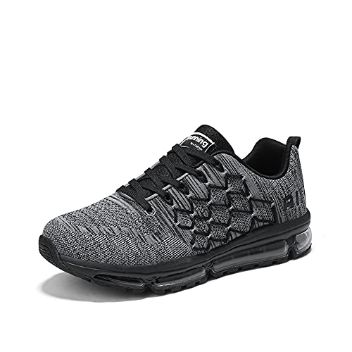 Zapatillas Running Hombre Mujer Deportivas Air Zapatos Deportivos Transpirables Sneakers Calzado Deporte Correr Gimnasio Aire Libre Tenis Asfalto Negro Blanco 877Gris 38