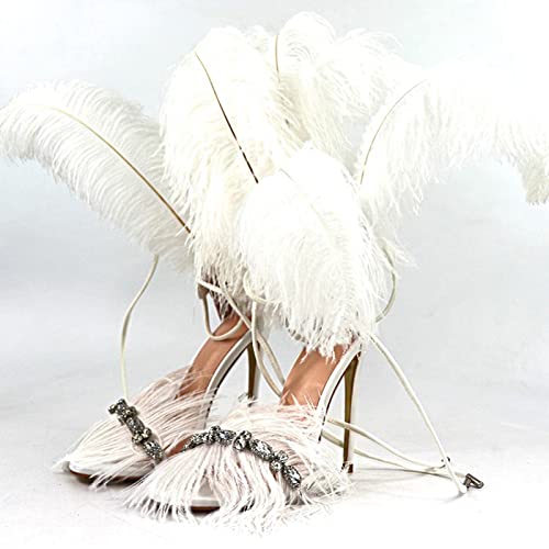 Zapatos Tacón Para Mujer,Sandalias Estiletes Cómodos Y Antideslizantes, Decoración De Diamantes De Imitación De Plumas, Mascarada De Rendimiento De Escenario Sexy 12CM / 4.72IN,Blanco,38 EU