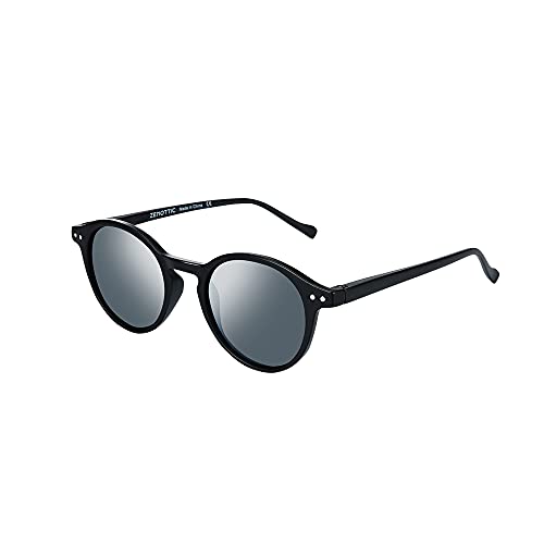 ZENOTTIC Gafas de sol Polarizadas Redondo Retrospectivo Clásico Retrospectivo Lentes de sol Marco UV400 Para hombres y mujeres (MATE NEGRO + GRIS)