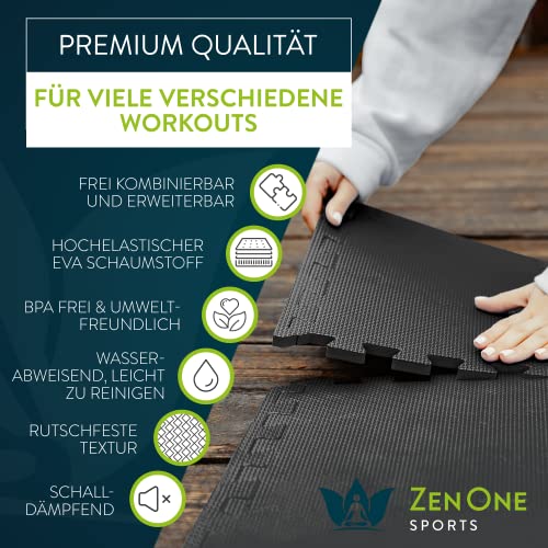 ZenProtect Esterillas de Puzle de Fitness, Juego de 18 Set de Protección para el Suelo, para el Deporte, Equipos de Fitness y Salas de Entrenamiento, Alfombra en Espuma, 30 x 30 x 1 cm (Negro)