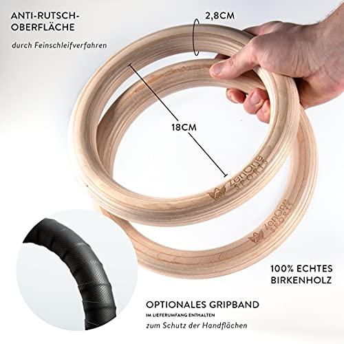 ZenRings Anillos de Madera para Gimnasia, Anillos Deportivos con Anclaje y Correa, Equipo de Entrenamiento Crossfit, Inastillable y Antideslizante, Incl. E-Book, guía y Bolsa, Ø 18 cm