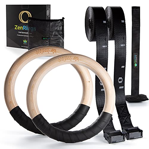 ZenRings Anillos de Madera para Gimnasia, Anillos Deportivos con Anclaje y Correa, Equipo de Entrenamiento Crossfit, Inastillable y Antideslizante, Incl. E-Book, guía y Bolsa, Ø 18 cm