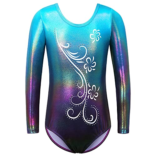 ZNYUNE Niña Maillots de Gimnasia Impreso Mangas Largas 269 Verde-Azul 14A