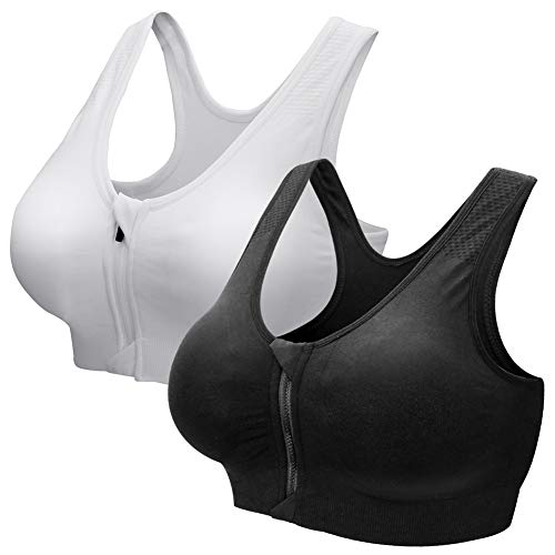 ZOEREA Sujetador Cierre Delantero Deportivo para Mujer Gimnasio Ropa con Almohadillas Extraíbles para Correr Sin Costuras Yoga Fitness，Negro + Blanco，S