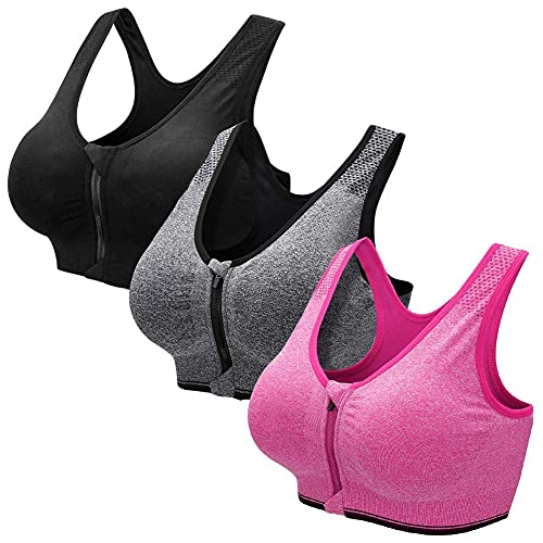 ZOEREA Sujetador Cierre Delantero Deportivo para Mujer Gimnasio Ropa con Almohadillas Extraíbles para Correr Sin Costuras Yoga Fitness，Negro + Gris + Rosa，XL