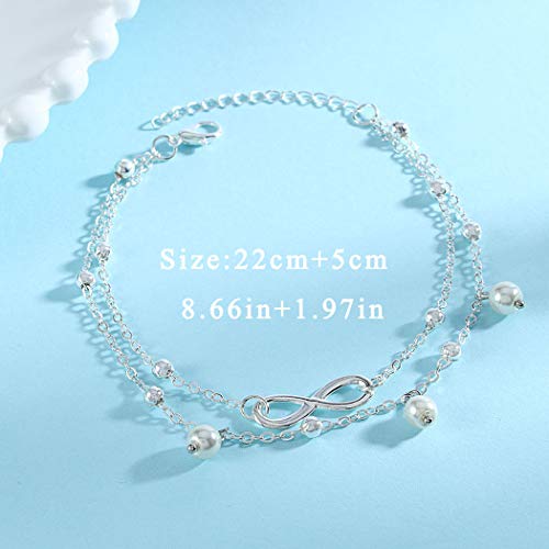 Zoestar - Tobillera doble, de plata, con perlas, estilo bohemio, pulsera para el tobillo, cadena con cuentas, para pie, joyería, para mujeres y niñas