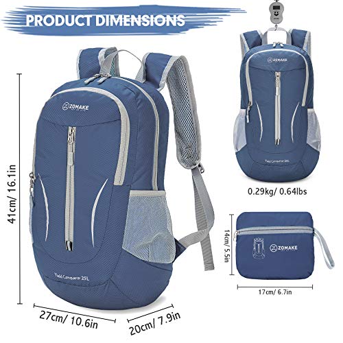 ZOMAKE Mochila Plegable Ligera 25L, Mochilas Pequeñas Compacta para Hombre, Mujer, Viajar, Senderismo, Al Aire Libre(Azul Marino)