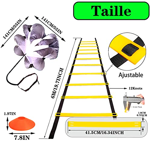 ZTWLEED Speed ​​Agility Training Kit para Agilidad, Fitness y Velocidad Escalera de Entrenamiento de fútbol con Escalera ágil (6M), Paracaídas, 1Cuerda para Saltar, 5 Bandas de Resistencia,10 Conos