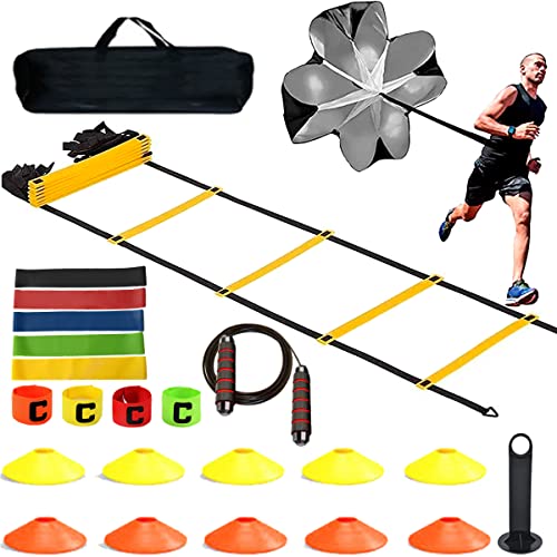 ZTWLEED Speed ​​Agility Training Kit para Agilidad, Fitness y Velocidad Escalera de Entrenamiento de fútbol con Escalera ágil (6M), Paracaídas, 1Cuerda para Saltar, 5 Bandas de Resistencia,10 Conos