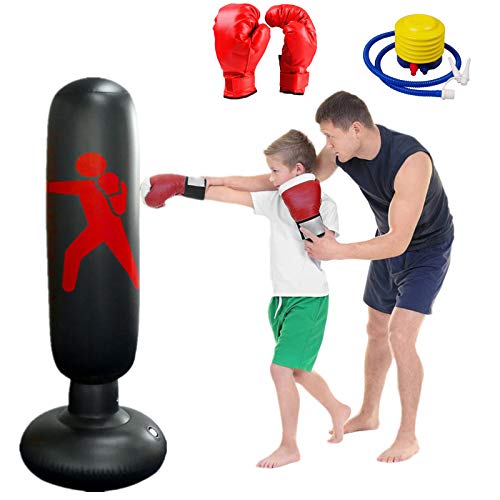 ZYW Saco De Boxeo Niños,Juego De 3 Piezas De Sacos De Arena De Boxeo para Niños De 160 Cm, Sacos De Arena, Guantes De Boxeo, Bombas De Aire, Ejercicio para Aliviar La Irritabilidad Y El Estrés Negro