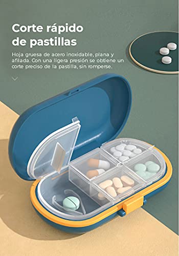 1 Pastillero con Cortador de Pastillas, Caja de Pastillas con 4 Compartimentos – Tomas, Organizador Medicación de Plástico ABS Portátil de tamaño Bolsillo - Azul