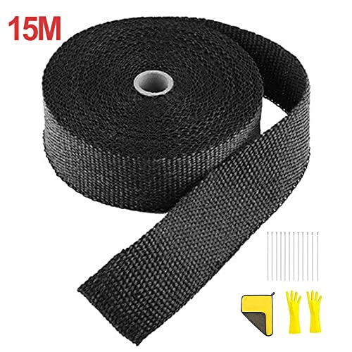 15M x 5CM Cinta Anticalorica para Escapes Moto, Alldo Cinta Aislante Negra Aislante Termico con 12 bridas + guantes+ automóvil