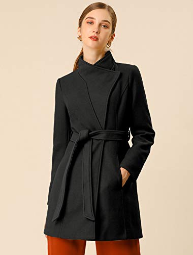 Allegra K Abrigos Largos con cinturón de Manga Larga con Cuello Alto Elegante de Invierno para Mujer Negro XS