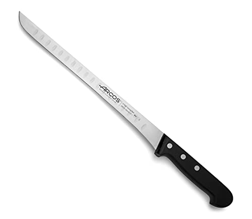 Arcos Serie Universal - Cuchillo Jamonero Cuchillo para cortar jamón, Hoja de Acero Inoxidable NITRUM 280 mm con alveolos, Mango de Polioximetileno (POM), Color Negro