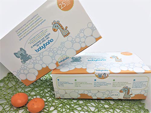 Babybaño Esponja Jabonosa Desechable para Bebés y Niños de 0 a 3 Años. Esponja de Baño de Un Solo Uso con Gel Pediátrico y Dermatológico. Envase Individual. 25 Unidades