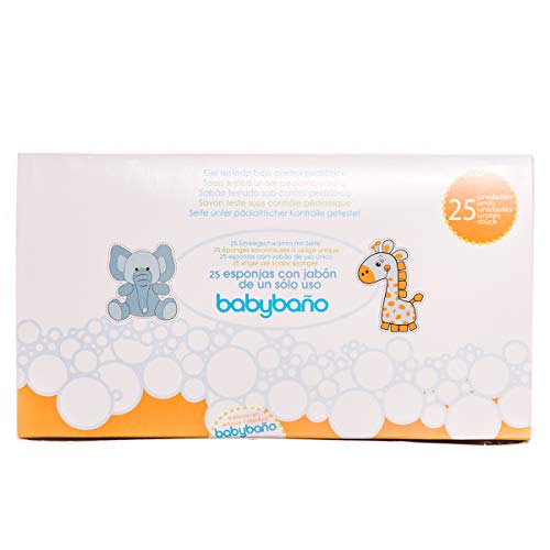 Babybaño Esponja Jabonosa Desechable para Bebés y Niños de 0 a 3 Años. Esponja de Baño de Un Solo Uso con Gel Pediátrico y Dermatológico. Envase Individual. 25 Unidades