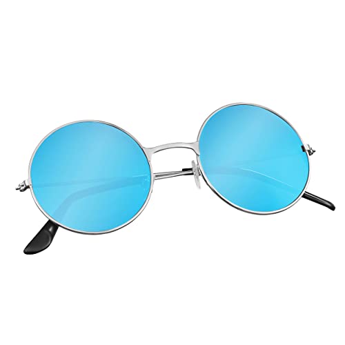 Balinco Juego de 3 piezas hippie con cinta para la cabeza, cadena con símbolo de la paz, gafas de sol redondas de níquel con cristales azules.