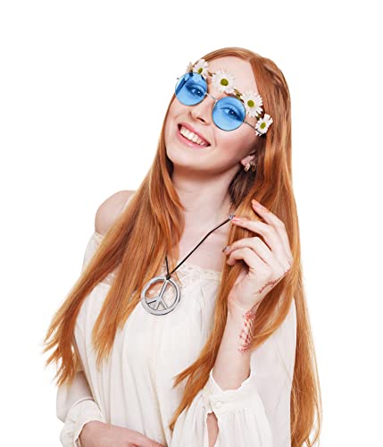 Balinco Juego de 3 piezas hippie con cinta para la cabeza, cadena con símbolo de la paz, gafas de sol redondas de níquel con cristales azules.