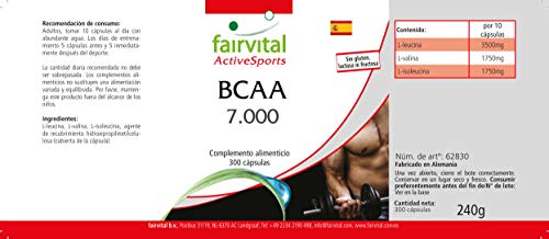 BCAA 7000 - Aminoácidos ramificados - Suplemento VEGANO y sin aditivos - 300 Cápsulas - Valina + Leucina + Isoleucina - Calidad Alemana