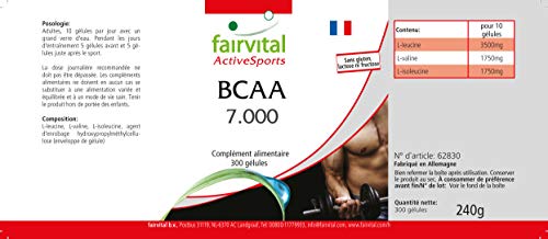 BCAA 7000 - Aminoácidos ramificados - Suplemento VEGANO y sin aditivos - 300 Cápsulas - Valina + Leucina + Isoleucina - Calidad Alemana