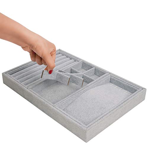 Belle Vous Bandeja Joyas Apilable Organizador Joyas Terciopelo Gris (Pack de 4) 35,3 x 24,2 cm - Organizador Joyas Cajones Exhibidor Secciones Desmontables Collares, Anillos, Brazaletes y Pendientes