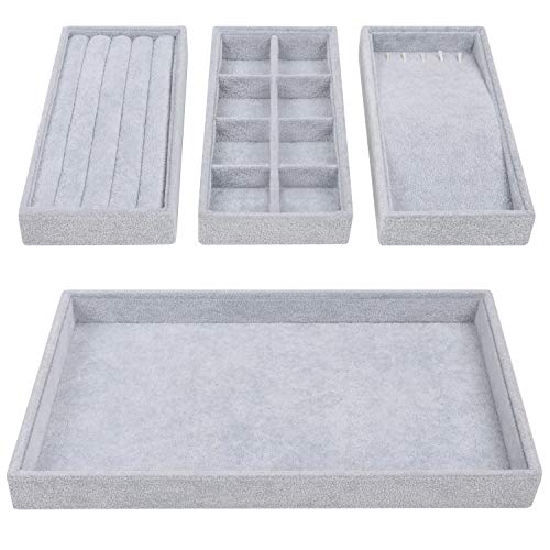 Belle Vous Bandeja Joyas Apilable Organizador Joyas Terciopelo Gris (Pack de 4) 35,3 x 24,2 cm - Organizador Joyas Cajones Exhibidor Secciones Desmontables Collares, Anillos, Brazaletes y Pendientes