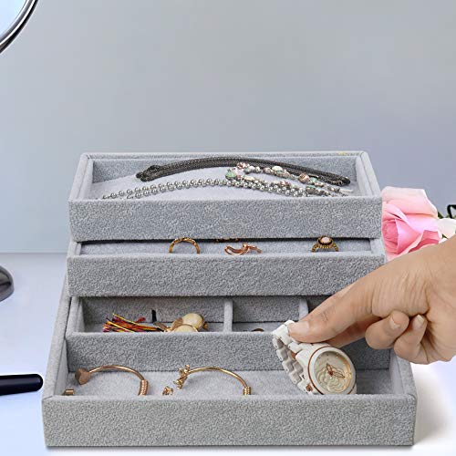 Belle Vous Bandeja Joyas Apilable Organizador Joyas Terciopelo Gris (Pack de 4) 35,3 x 24,2 cm - Organizador Joyas Cajones Exhibidor Secciones Desmontables Collares, Anillos, Brazaletes y Pendientes