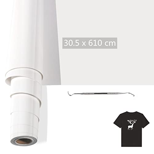 Bocguy PelíCula de Vinilo Textil, 30.5 CM X 610 CM Rollos de HTV Vinilo Transferencia TéRmica para Planchar Transferencia de Calor en DIY Camisetas y MáS Telas, FáCil de Cortar (Blanco)