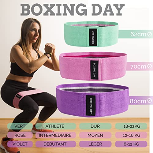 BOXINGDAY - Juego de 3 Bandas Elásticas de Tela - Bandas de Resistencia para Musculacion/Fitness/Yoga/Pilates - Accesorio de Hombre Y Mujer - 2 Discos Deslizantes y Bolsa Almacenamiento INCLUIDOS