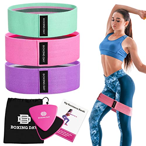 BOXINGDAY - Juego de 3 Bandas Elásticas de Tela - Bandas de Resistencia para Musculacion/Fitness/Yoga/Pilates - Accesorio de Hombre Y Mujer - 2 Discos Deslizantes y Bolsa Almacenamiento INCLUIDOS