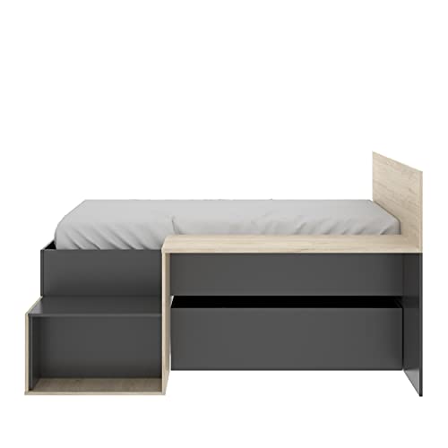 Cama Juvenil de diseño Moderno MAK Tablero de partículas melaminizado 194x135x110 cm (Grafito/Natural)