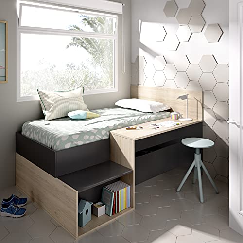 Cama Juvenil de diseño Moderno MAK Tablero de partículas melaminizado 194x135x110 cm (Grafito/Natural)