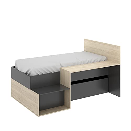 Cama Juvenil de diseño Moderno MAK Tablero de partículas melaminizado 194x135x110 cm (Grafito/Natural)