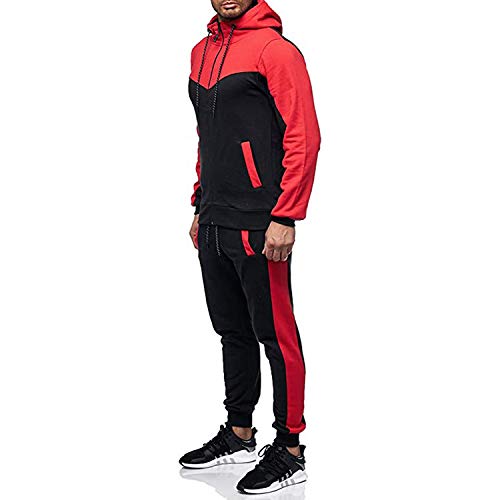 Chándal Hombre Completo 2 Piezas Conjunto de Ropa Deportiva Top Sudadera de Manga Larga con Cremallera y Capucha + Pantalones Largos de Cintura Elástica Traje Informal Otoño Primavera (Rojo, XXL)