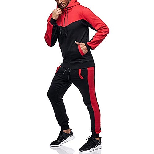 Chándal Hombre Completo 2 Piezas Conjunto de Ropa Deportiva Top Sudadera de Manga Larga con Cremallera y Capucha + Pantalones Largos de Cintura Elástica Traje Informal Otoño Primavera (Rojo, XXL)