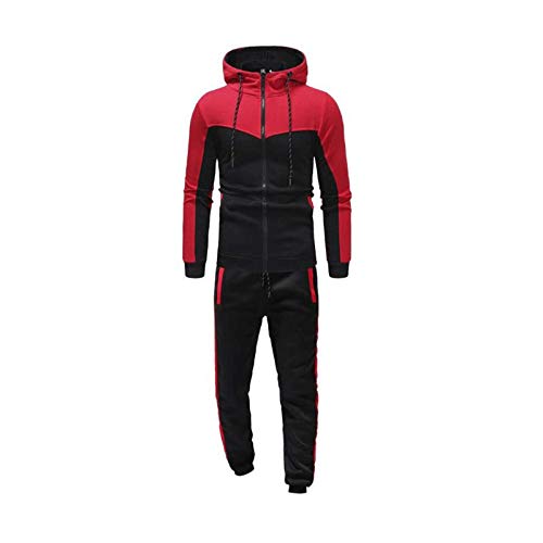 Chándal Hombre Completo 2 Piezas Conjunto de Ropa Deportiva Top Sudadera de Manga Larga con Cremallera y Capucha + Pantalones Largos de Cintura Elástica Traje Informal Otoño Primavera (Rojo, XXL)