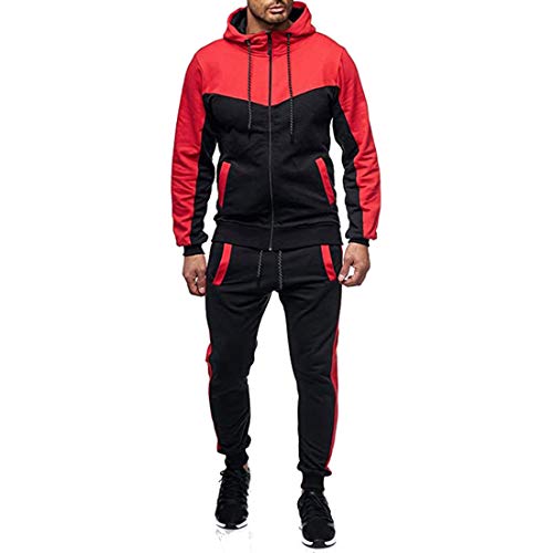 Chándal Hombre Completo 2 Piezas Conjunto de Ropa Deportiva Top Sudadera de Manga Larga con Cremallera y Capucha + Pantalones Largos de Cintura Elástica Traje Informal Otoño Primavera (Rojo, XXL)