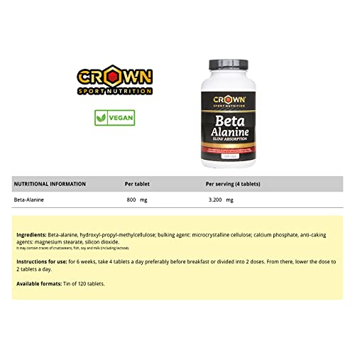 Crown Sport Nutrition Beta Alanina Slow Absorption, Ayuda a reducir la parestesia, Suplemento para deportistas - 120 comprimidos