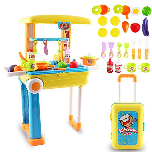 deAO Pequeño Chef Set de Cocinita Plegable en Maleta Convertible Maletín de Juegos con Accesorios, Luces, Sonidos (Azul) , color/modelo surtido