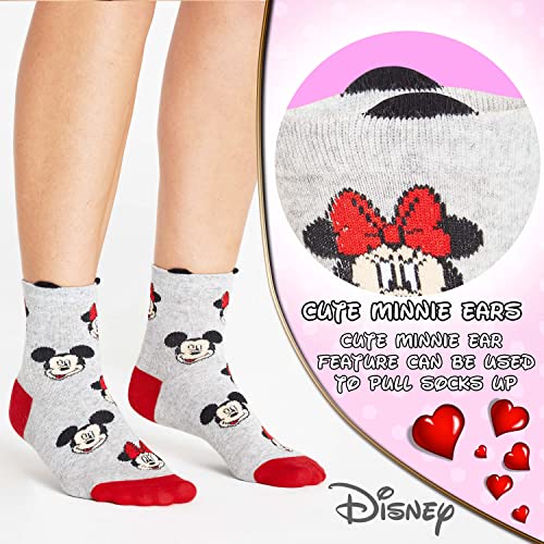 Disney Calcetines Mujer Divertidos de Minnie Mouse, Pack de 5 Calcetines Altos Mujer, Regalos Originales para Mujer (Gris/Rojo)