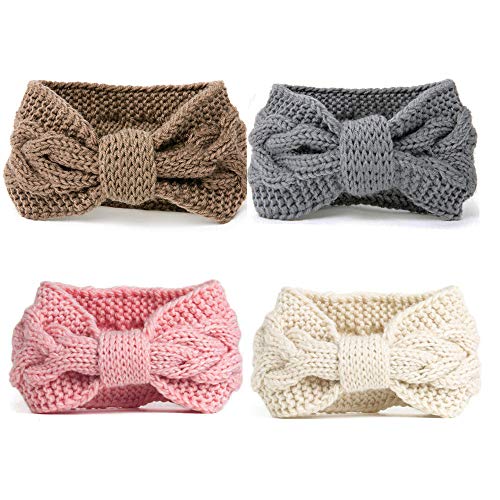 DRESHOW 4 Piezas Crochet Arco Turbante Knit Diadema Mujer Invierno Vendas Elasticas Anchas Tejida Lana Cintas Para El Pelo Banda de pelo más cálido